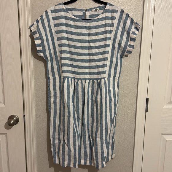 Garnet Hill Seamed Linen Popover Dress Striped White Blue Short Sleeve - Picture 2 of 7
